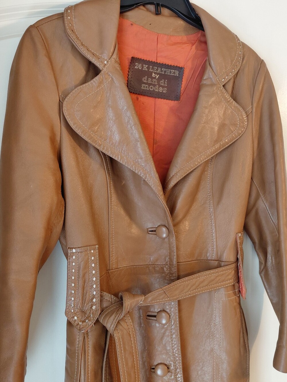 Vintage 60's 70's Pennylane Era Dan Di Modes Tan Leather Trench Coat Belted M - Picture 7 of 16